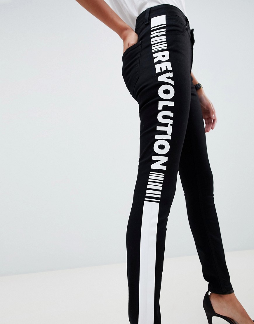 ASOS DESIGN Lisbon skinny mid rise jeans with revolution print-Black
