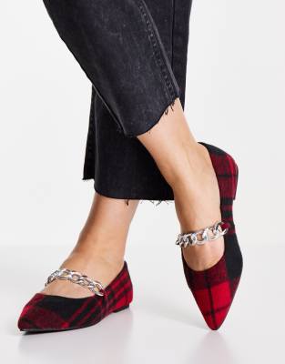 ASOS DESIGN – Lise – Balerinki w czerwoną szkocką kratę ze spiczastym noskiem i ozdobnym łańcuszkiem