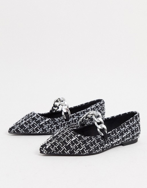 ASOS DESIGN Lise pointed chain ballet flats in black and white tweed