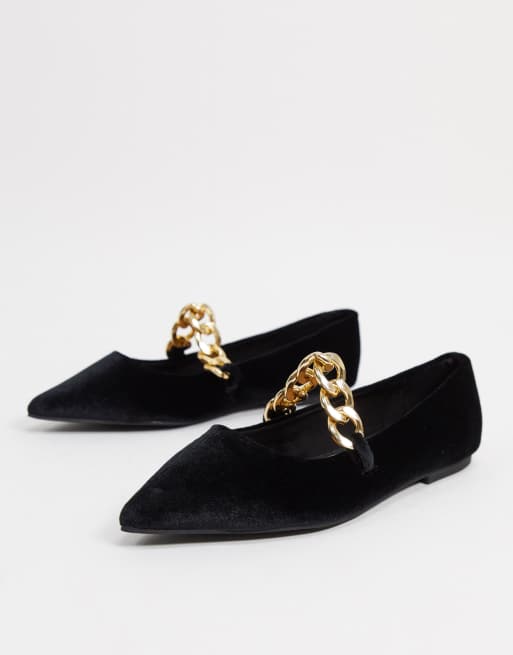 ASOS DESIGN - Lise - Sorte spidse ballerinaer i velour med kæde