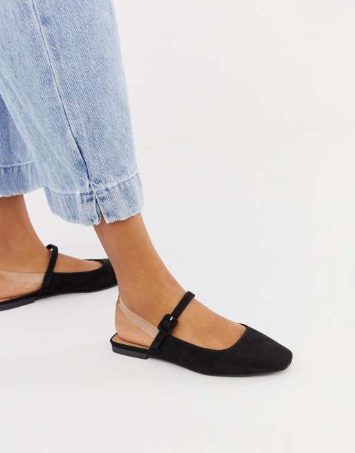 ASOS DESIGN Littleton clear strap square toe ballet flats in black | ASOS