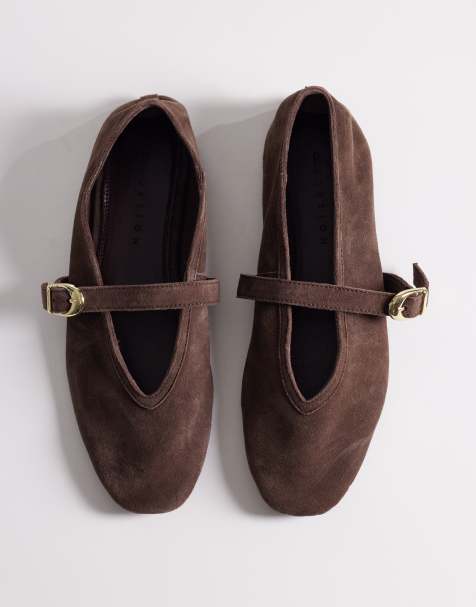 ASOS DESIGN Lively premium suede mary jane ballet flats in chocolate - view 1