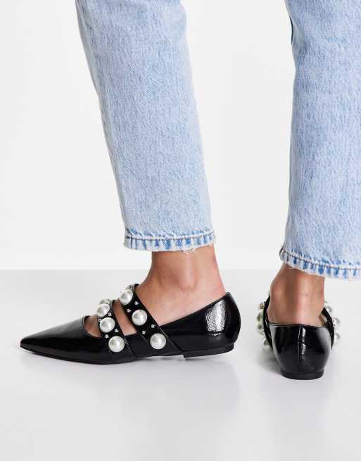 ASOS DESIGN Livia faux pearl studded ballets flats in black crinkle patent, 3 of 4