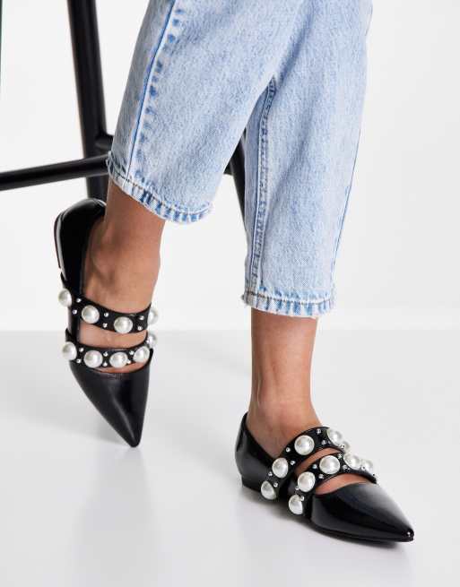 ASOS DESIGN Livia faux pearl studded ballets flats in black crinkle patent, 4 of 4