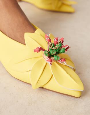 Asos Design Livia Point-toe Flower Slingback Ballets In Yellow