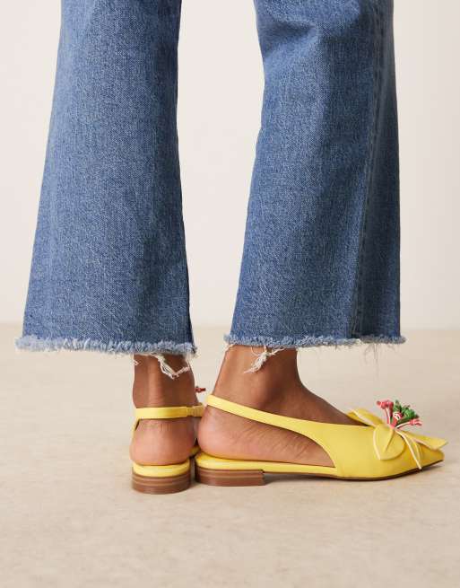 ASOS DESIGN Livia point-toe flower slingback ballets in bright yellow, 3 of 4