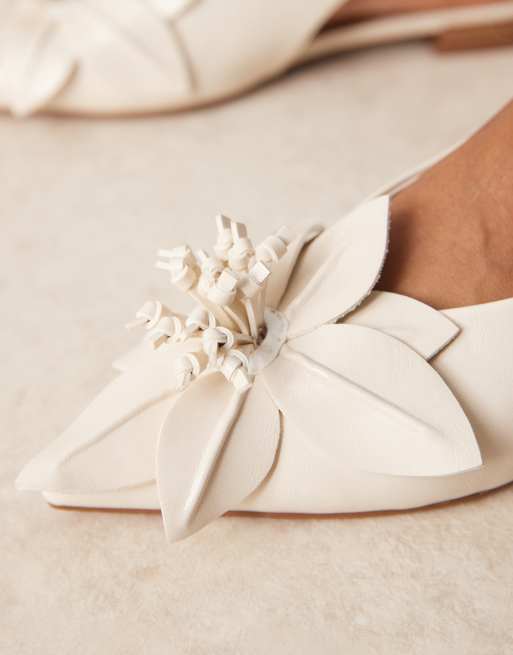 ASOS DESIGN Livia point-toe flower slingback ballets in off-white