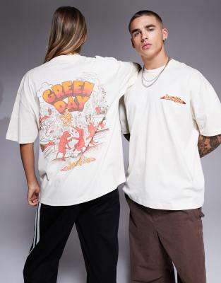 ASOS DESIGN - Lizenziertes Unisex-T-Shirt in gebrochenem Weiß mit Oversize-Schnitt und „Green Day Dookie"-Prints-Neutral