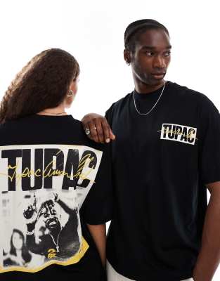 ASOS DESIGN - Lizenziertes Unisex-T-Shirt in Schwarz mit Oversize-Schnitt, Stickerei und „Tupac"-Prints