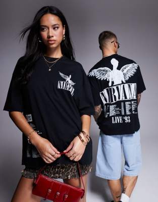 ASOS DESIGN - Lizenziertes Unisex-T-Shirt in Schwarz mit Oversize-Schnitt, Zierlöchern und „Nirvana"-Tourprints-Weiß