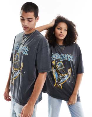 ASOS DESIGN - Lizenziertes Unisex-T-Shirt in verwaschenem Schwarz mit Oversize-Schnitt und „Aerosmith"-Print-Weiß