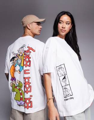 ASOS DESIGN - Lizenziertes Unisex-T-Shirt in Weiß mit „Ed, Edd n Eddy"-Schaumprints und Oversize-Schnitt-Neutral