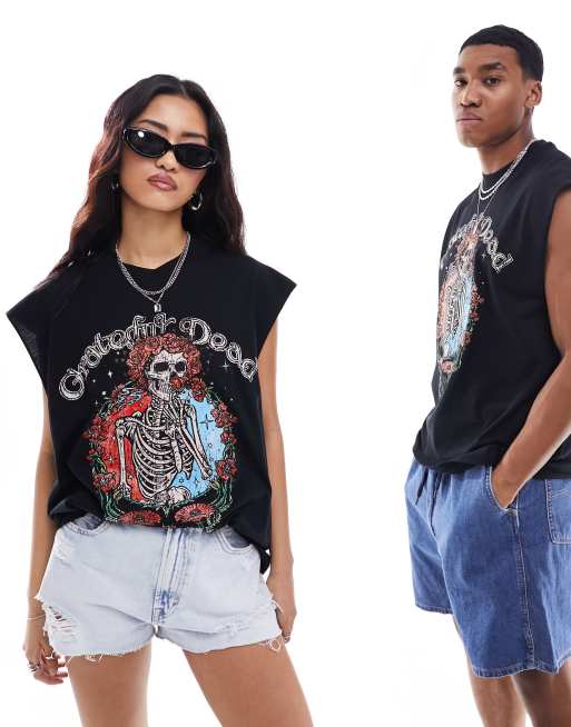 FhyzicsShops DESIGN – Lizenziertes Unisex-Trägertop in Schwarz mit Oversize-Schnitt und „Grateful Dead“-Print