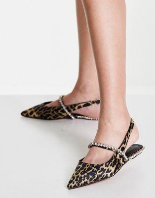 Chaussures Lizzie - Ballerines plates ornementées en satin à brides arrière et à imprimé léopard