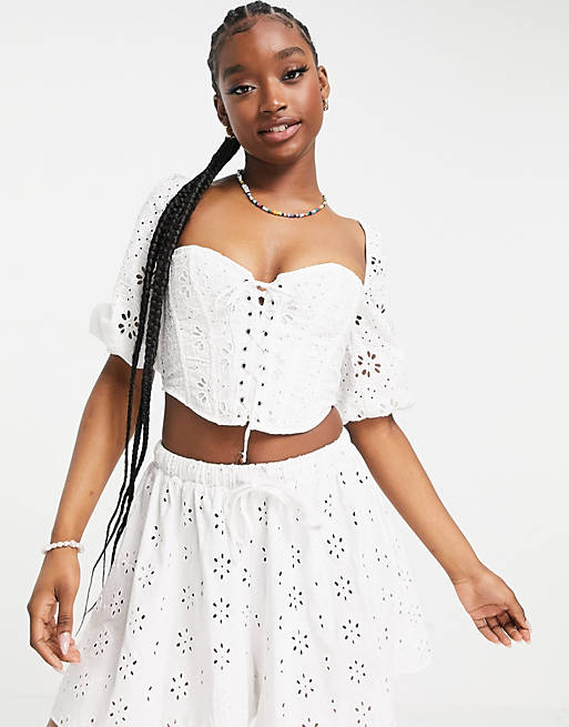  Lizzie broderie lace up corset with sleeves in white 