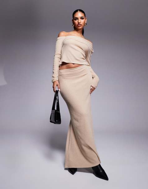 ASOS DESIGN – Ljusbeige, borstad, ribbad maxikjol med fishtail, del av set - view 1