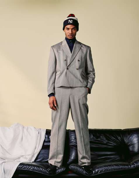 ASOS DESIGN – Ljusbeige, boxig, kort kostymkavaj med fiskbensmönstrad textur - view 1