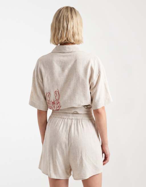 ASOS DESIGN – Ljusbeige, broderade shorts i linnestil, del av set, 4 av 5