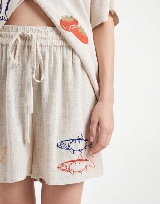 ASOS DESIGN – Ljusbeige, broderade shorts i linnestil, del av set, 5 av 5