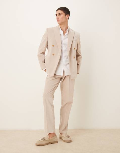 ASOS DESIGN – Ljusbeige, dubbelknäppt kostym i bomullssammet med smal passform - view 1