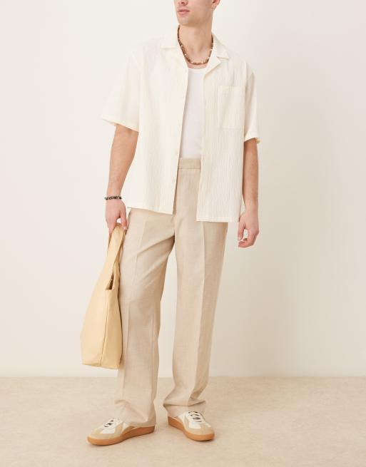 ASOS DESIGN – Ljusbeige finbyxor med vida ben i crosshatch-tyg, 2 av 5