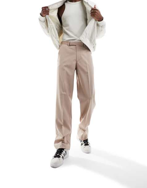ASOS DESIGN – Ljusbeige, kritstrecksrandiga finbyxor med raka ben - view 1