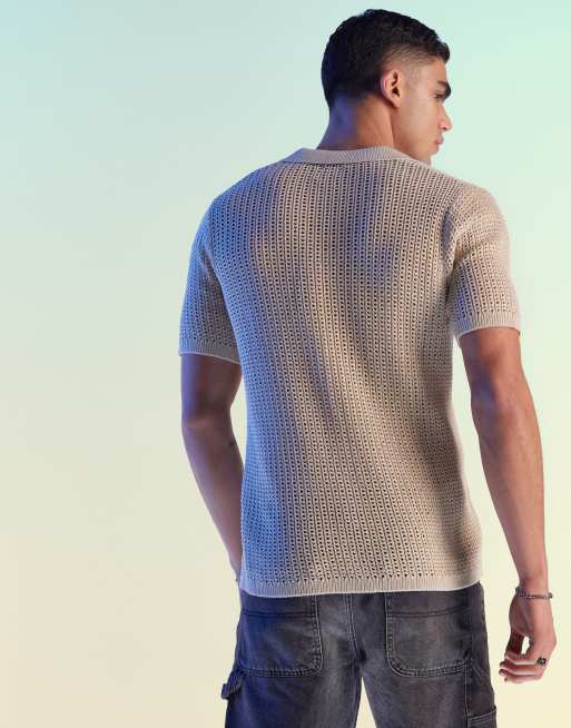 ASOS DESIGN – Ljusbeige, lättstickad pikétröja i pointelle med sprund vid halsen, 4 av 4