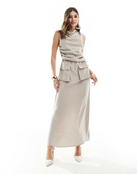 ASOS DESIGN – Ljusbeige midiklänning med draperad ringning och ficka - view 1