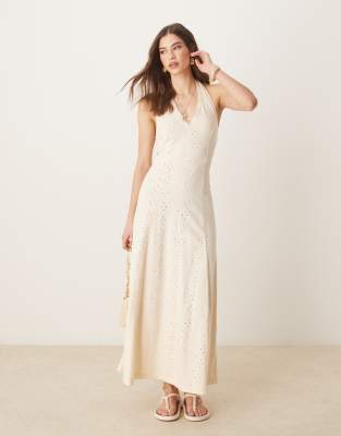 ASOS DESIGN – Ljusbeige midiklänning med halterneck i broderie anglaise - view 1