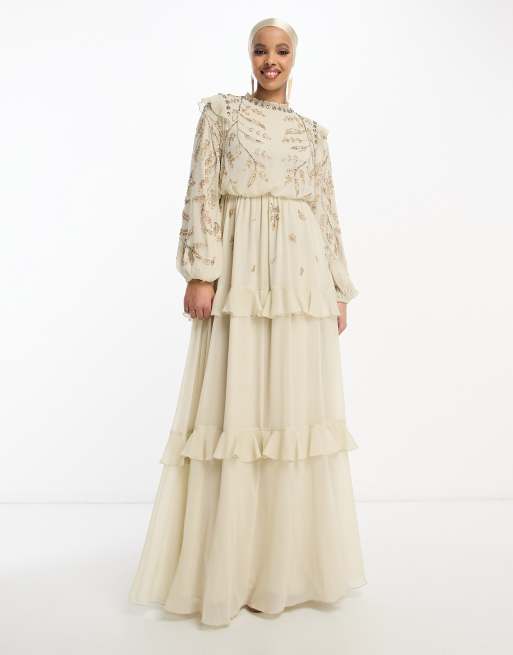 ASOS DESIGN – Ljusbeige mjuk maxiklänning med blombroderi och längre bakstycke, 2 av 4