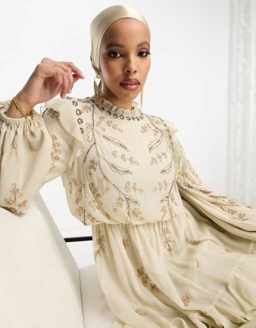 ASOS DESIGN – Ljusbeige mjuk maxiklänning med blombroderi och längre bakstycke, 4 av 4