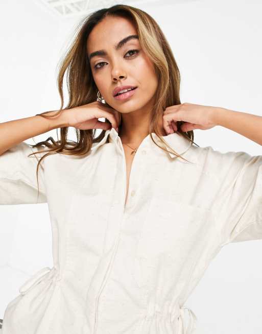 ASOS DESIGN – Ljusbeige playsuit med korta ärmar och knytning i midjan, 4 av 4