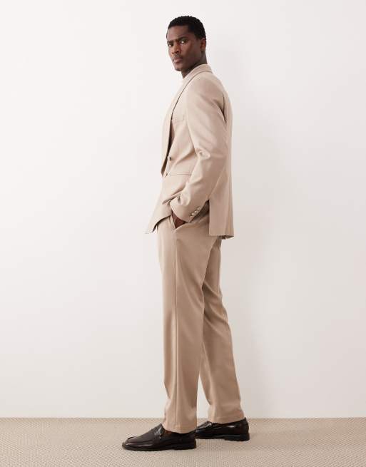 ASOS DESIGN – Ljusbeige, raka smokingbyxor med kontrastdetaljer i twill, 3 av 5