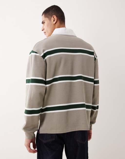 ASOS DESIGN – Ljusbeige, randig, avslappnad sweatshirt med vävd etikett och pikékrage, 3 av 5
