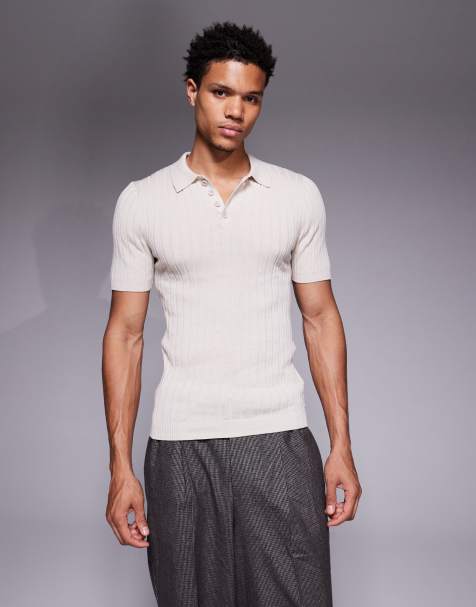 ASOS DESIGN – Ljusbeige, ribbstickad pikétröja i muscle fit - view 1