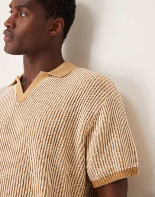 ASOS DESIGN – Ljusbeige, ribbstickad pikétröja i oversize med sprund vid halsen, 2 av 4