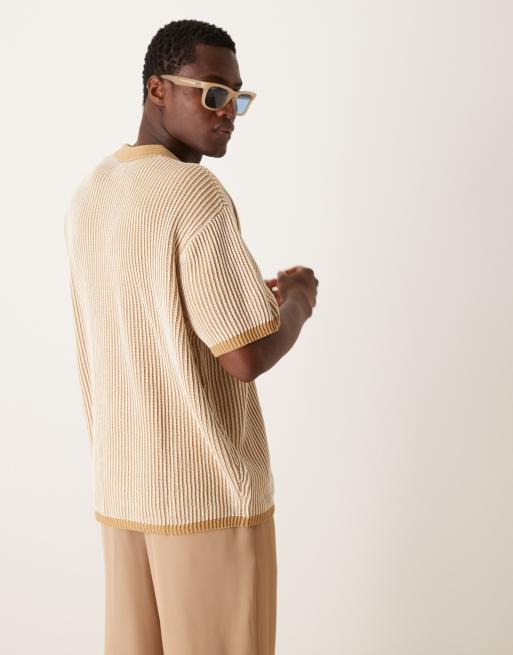ASOS DESIGN – Ljusbeige, ribbstickad pikétröja i oversize med sprund vid halsen, 3 av 4