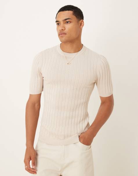 ASOS DESIGN – Ljusbeige, ribbstickad, tunn t-shirt i muscle fit - view 1