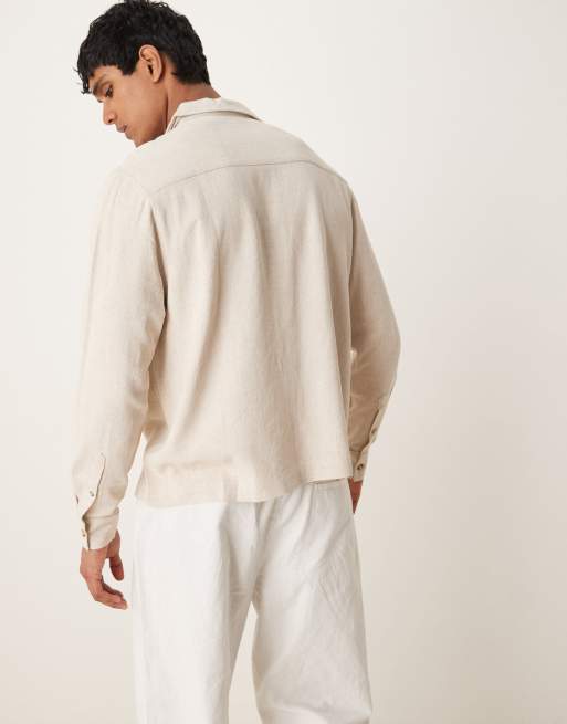 ASOS DESIGN – Ljusbeige skjorta i linnemix med boxig passform och platt krage, 3 av 4