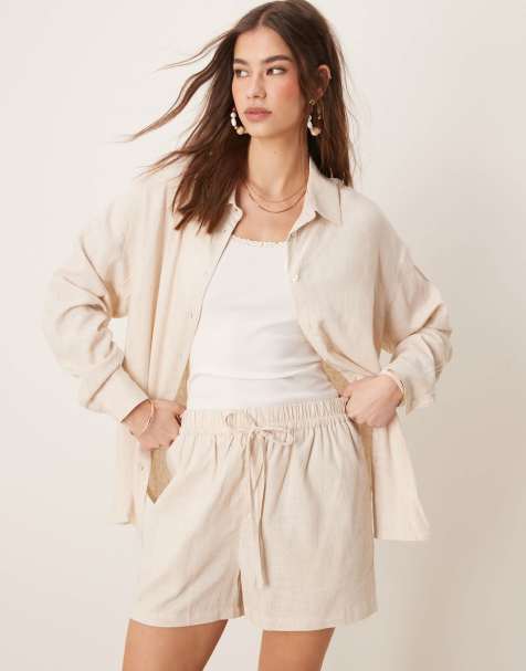 ASOS DESIGN – Ljusbeige skjorta i oversize och linnestil, del av set - view 1