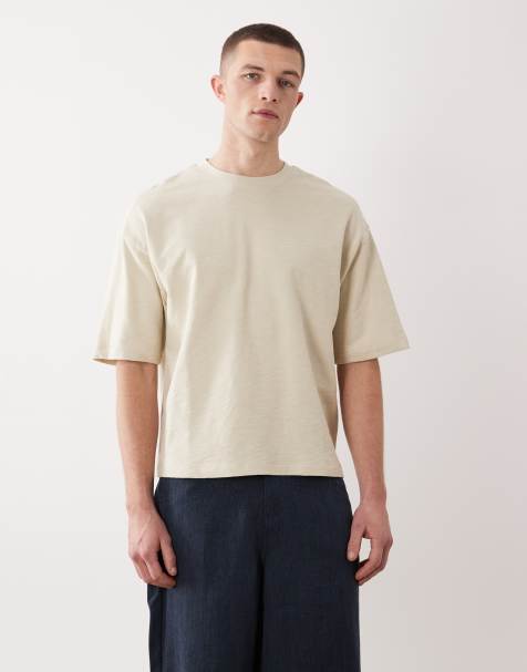 ASOS DESIGN – Ljusbeige, slubvävd och boxig t-shirt i oversized fit - view 1
