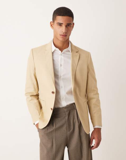 ASOS DESIGN – Ljusbeige, smal kavaj i bomull och linne - view 1
