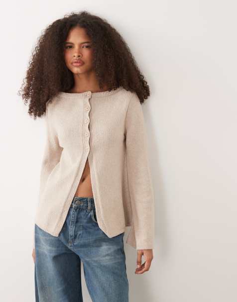 ASOS DESIGN – Ljusbeige, stickad kofta i bouclé av bomullsmix - view 1