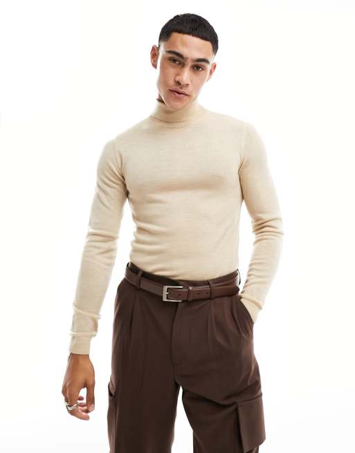 ASOS DESIGN – Ljusbeige, stickad polotröja i muscle fit av merinoull