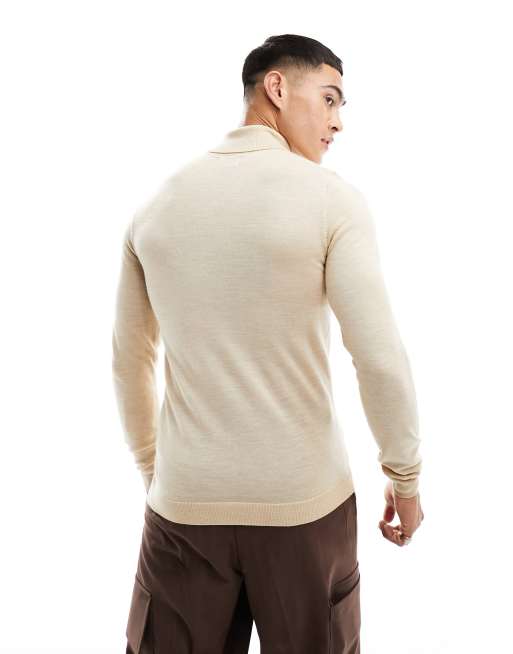 ASOS DESIGN – Ljusbeige, stickad polotröja i muscle fit av merinoull, 3 av 4