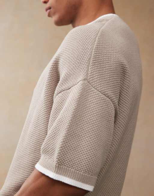 ASOS DESIGN – Ljusbeige, stickad t-shirt i oversize av piké med rund halsringning , 4 av 4