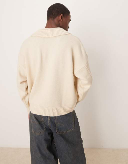 ASOS DESIGN – Ljusbeige, stickad tröja i oversize med boxig passform och v-ringning med krage, 4 av 4