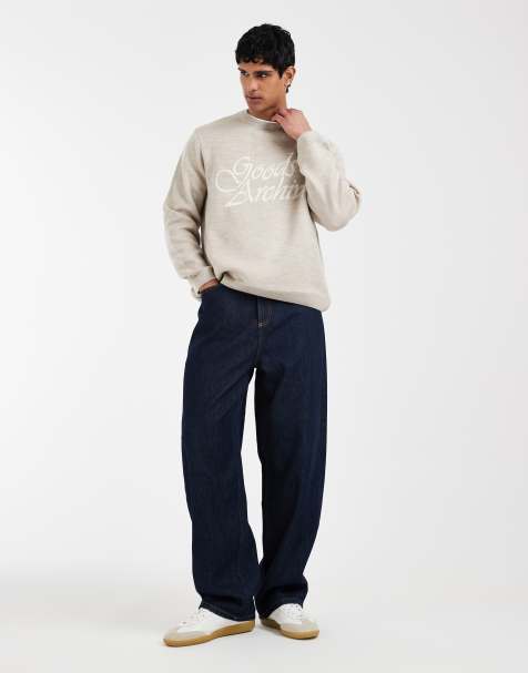 ASOS DESIGN – Ljusbeige, stickad tröja i oversized fit med rund halsringning och 'Goods Archive'-tryck - view 1