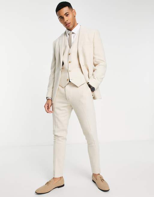 ASOS DESIGN – Ljusbeige supersmal kostymväst i ylleblandad twill