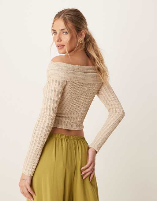 ASOS DESIGN – Ljusbeige, texturerad topp med korta ärmar, bara axlar och knutdetalj, 4 av 4